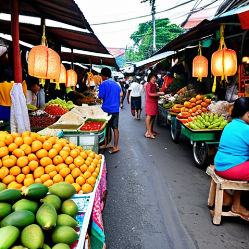 ** Traditional Thai market scene with vibrant colors, featuring local vendors selling exotic fruits and street food. Focus on the bustling atmosphere and intricate details of Thai culture. Use Thai Baht currency in the scene.

**