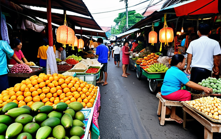 ** Traditional Thai market scene with vibrant colors, featuring local vendors selling exotic fruits and street food. Focus on the bustling atmosphere and intricate details of Thai culture. Use Thai Baht currency in the scene.

**