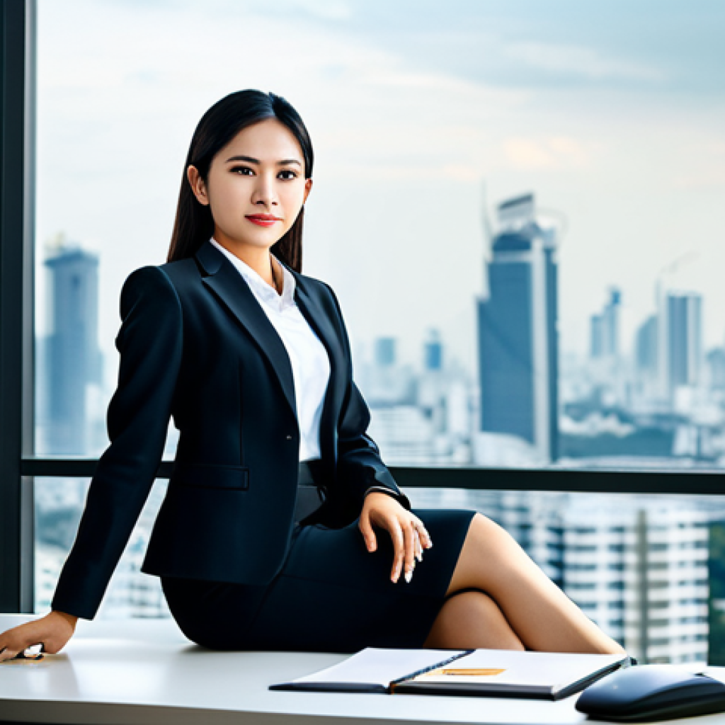 **

A professional Thai businesswoman in a modest, tailored business suit, sitting confidently at a sleek desk in a modern, sunlit Bangkok office. Background includes blurred cityscape view. Fully clothed, appropriate attire, safe for work, perfect anatomy, natural proportions, professional digital art, high quality.

**
