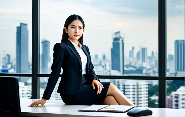 **

A professional Thai businesswoman in a modest, tailored business suit, sitting confidently at a sleek desk in a modern, sunlit Bangkok office. Background includes blurred cityscape view. Fully clothed, appropriate attire, safe for work, perfect anatomy, natural proportions, professional digital art, high quality.

**