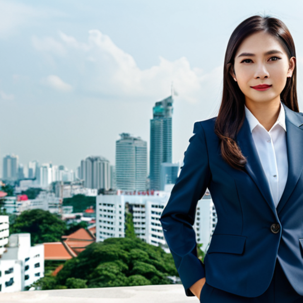 자바스크립트 성능 테스트 자동화 방법 - A professional Thai businesswoman in a modest, tailored business suit, standing confidently in front...