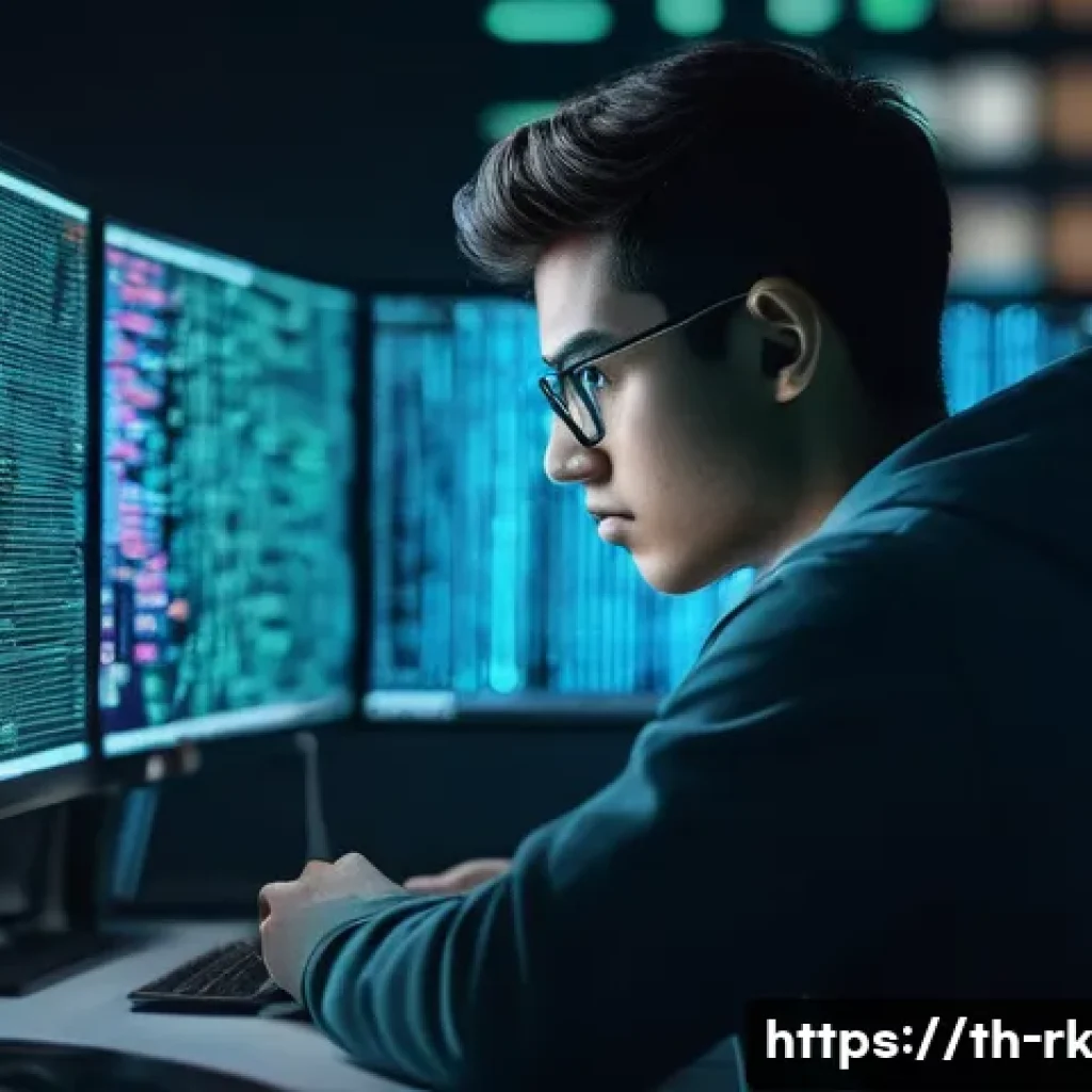 자바스크립트 성능 향상을 위한 리소스 사용 최적화 - **Prompt:** A focused young adult developer, approximately 20-25 years old, sits in a modern, well-l...