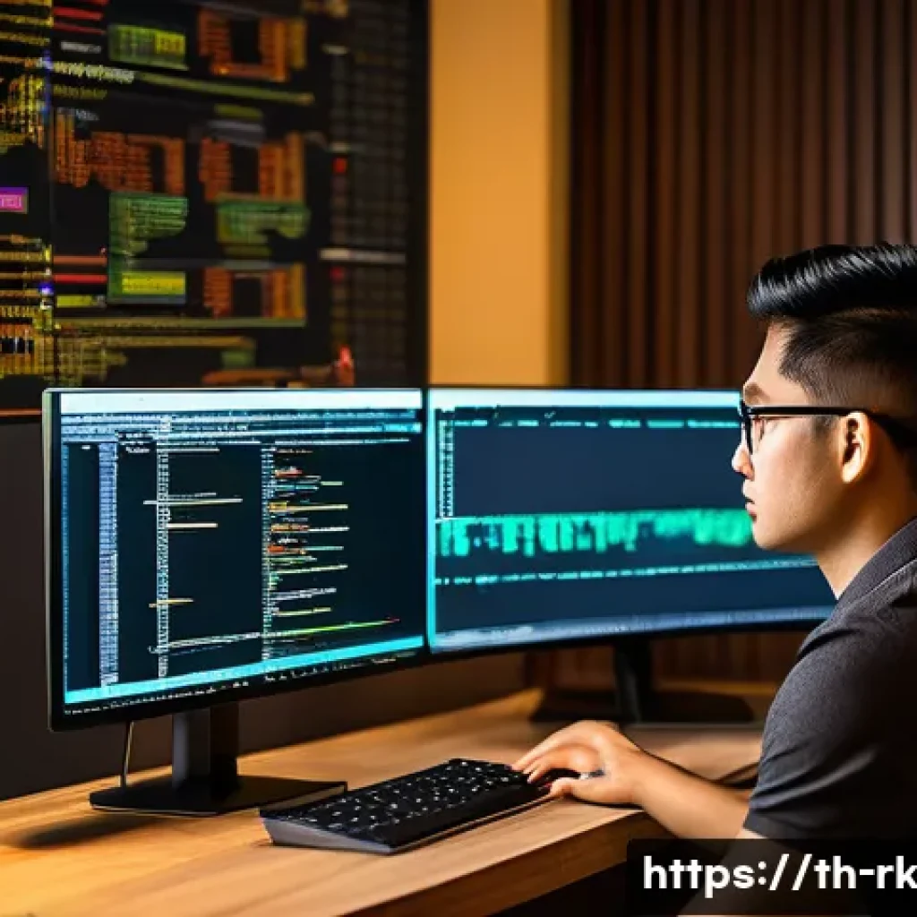 자바스크립트 프로미스 최적화 기법 - A professional software developer in a modern Thai office environment, focused intently on dual moni...