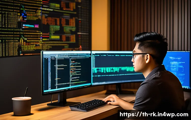 자바스크립트 프로미스 최적화 기법 - A professional software developer in a modern Thai office environment, focused intently on dual moni...