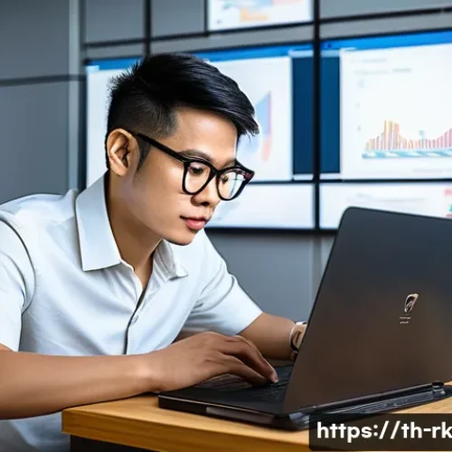 자바스크립트 성능 최적화를 위한 모바일 최적화 기법 - A modern mobile developer workspace in Bangkok, Thailand, showing a young Thai programmer optimizing...
