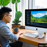 자바스크립트 비동기 함수 성능 점검 방법 - A modern workspace featuring a Thai software developer in casual attire sitting at a wooden desk wit...