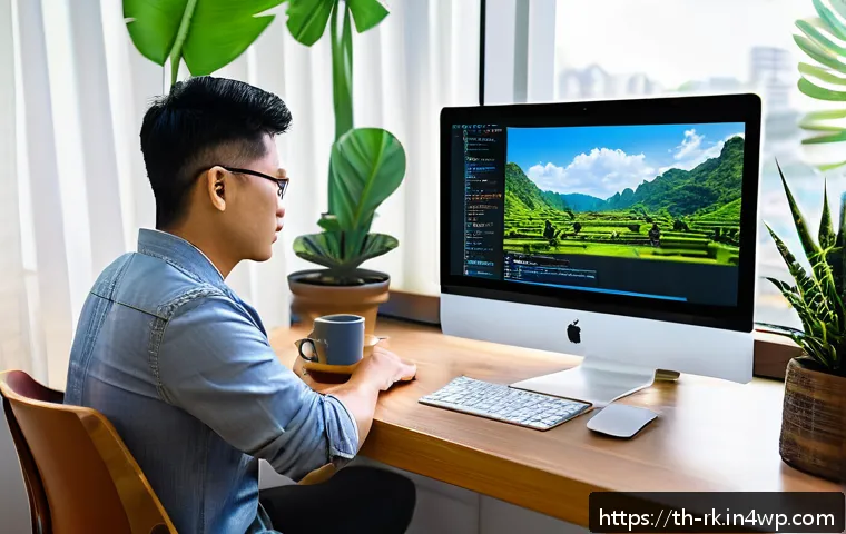 자바스크립트 비동기 함수 성능 점검 방법 - A modern workspace featuring a Thai software developer in casual attire sitting at a wooden desk wit...